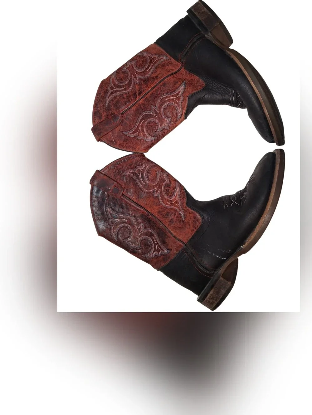 Old West Broad Square Toe Western Cowboy Boots Black & Maroon 2.5D Youth Size
